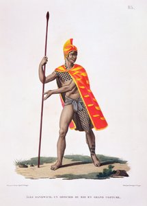 サンドイッチ諸島：国の衣装の王の事務所、「航海autour du Monde（1817-20）」より、ルルージュアンドフォーゲットによって刻まれたLouis Claude Desaulses de Freycinet（1779-1842）作、1822-24年公開 作： Sebastien Leroy